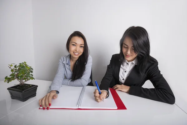 Businesswoman with colleague writing in spiral notebook — Stock Photo, Image