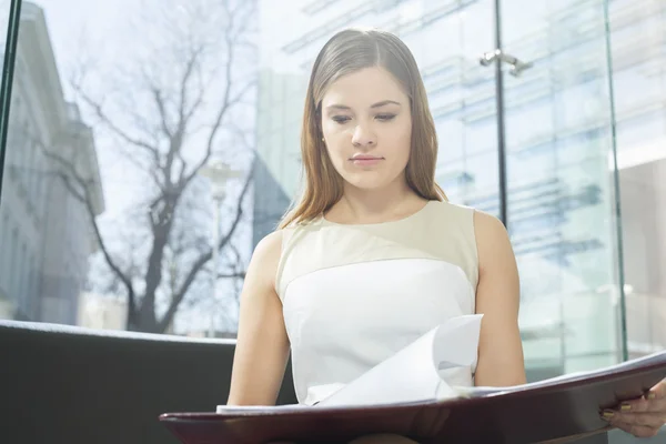 Businesswoman reading file — Stock Photo, Image