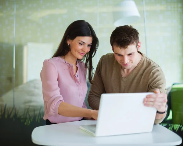 Empresario y mujer de negocios usando laptop —  Fotos de Stock