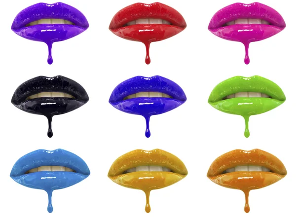 Brillos labiales multicolores goteando de los labios de la mujer — Foto de Stock