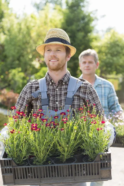 Gardeners carrying flower pots