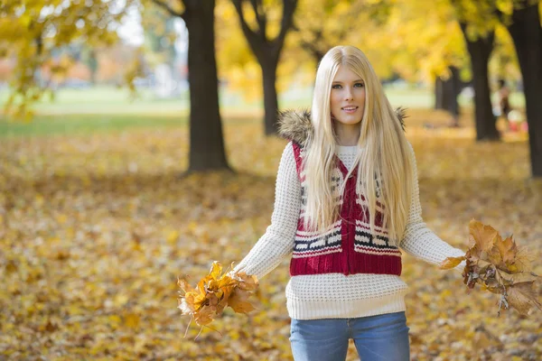 Mujer sosteniendo hojas de otoño — Foto de Stock