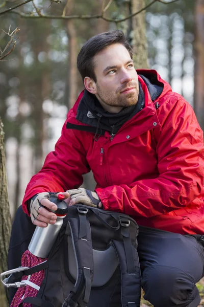 Escursionista che guarda lontano nella foresta — Foto Stock