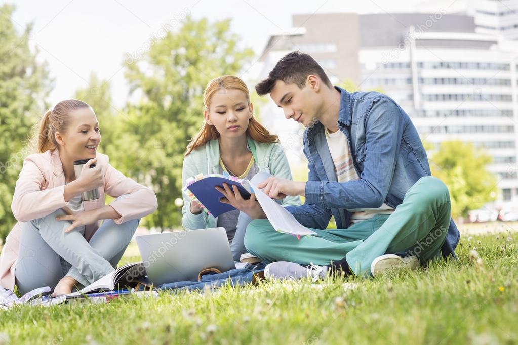 Man with female friends studying