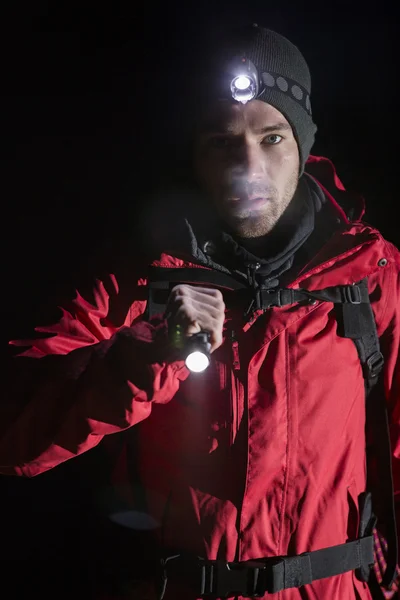 Hiker with flashlight — Stock Photo, Image