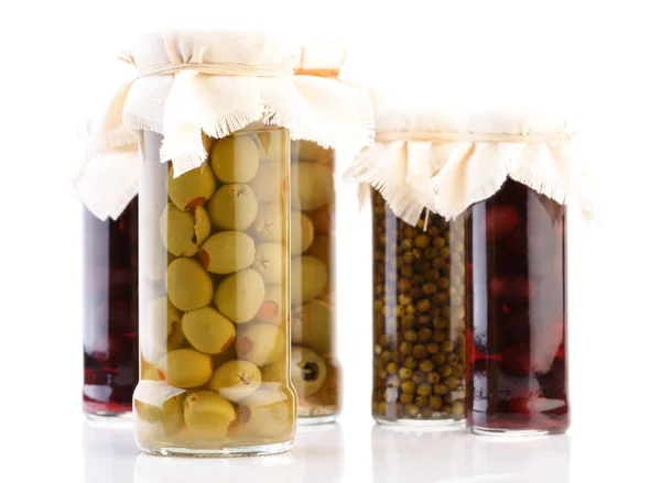 Jars with pickled olives — Stock Photo, Image