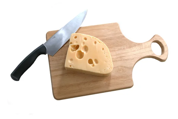 Cheese and knife on chopping board — Stock Photo, Image