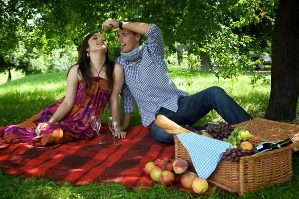 Ouple zittend op Picknickkleed. — Stockfoto