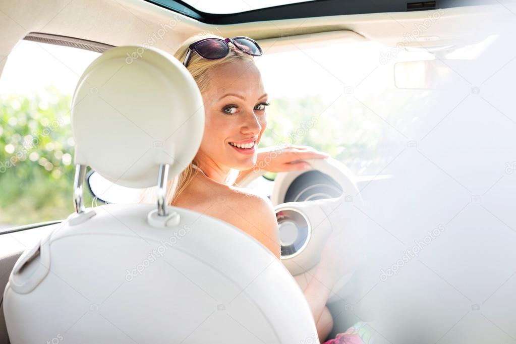 woman driving car