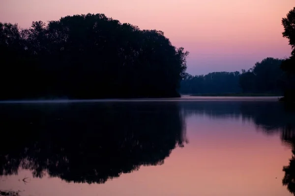 Zachte Roze Dageraad Een Rustig Meer Begroeid Met Waterlelies — Stockfoto