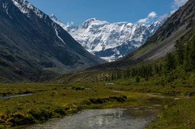 Akkem Gölü kıyısından Belukha tepesinin karla kaplı manzarası
