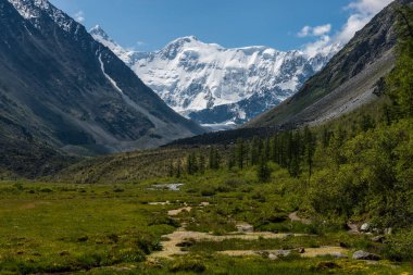 Akkem Gölü kıyısından Belukha tepesinin karla kaplı manzarası