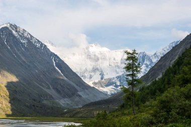 Akkem Gölü kıyısından Belukha tepesinin karla kaplı manzarası