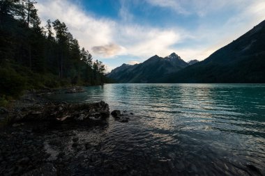 Yüksek dağ gölü Kucherlinskoe berrak, mavi suyu çok güzeldir.