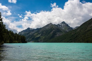 Yüksek dağ gölü Kucherlinskoe berrak, mavi suyu çok güzeldir.