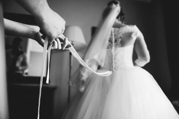 Bride Laced Corset Her White Dress — Zdjęcie stockowe