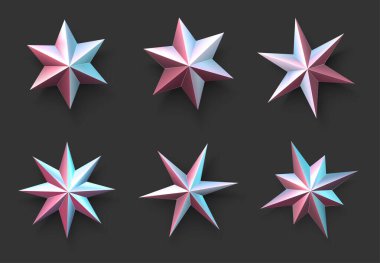 Pembe ve mavi tonlarda izole edilmiş metalik yıldızlar. Koyu gri arka plan. Vektör tatil illüstrasyonu.