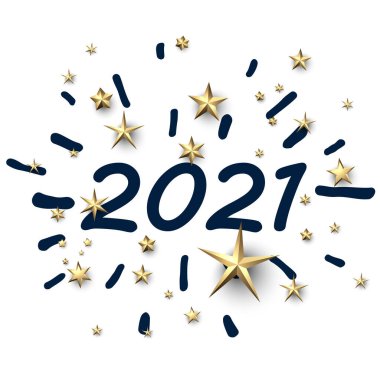 Çizgileri ve altın 3D yıldızlı yaratıcı 2021 mavi tabela. Vektör tatil illüstrasyonu.