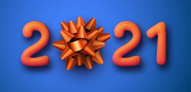 0 yerine yay ile turuncu 2021 balon işareti. Mavi arka plan. Vektör tatil illüstrasyonu.