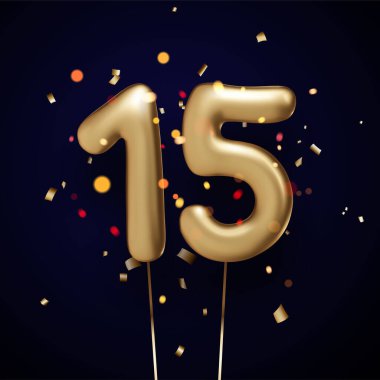 Siyah arka planda iplikli 15 adet altın balon ve konfeti. Vektör Festivali illüstrasyonu.