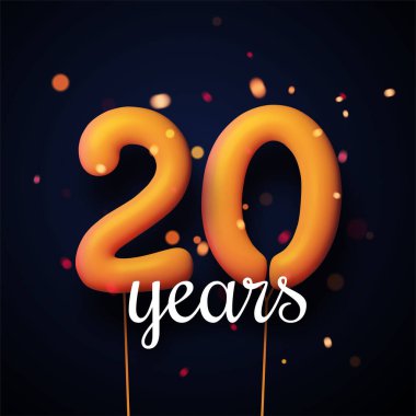 20 yıl boyunca siyah arka planda ışık konfetileri olan turuncu balonlar imzaladım. Vektör Festivali illüstrasyonu.