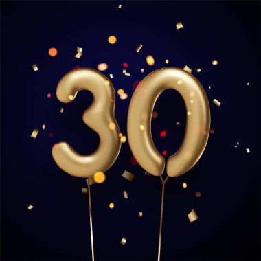 Siyah arkaplanlı ve konfetili 30 adet altın balon. Vektör Festivali illüstrasyonu.