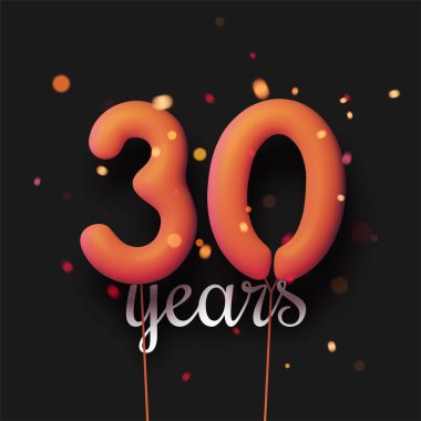 30 yıl boyunca siyah arka planda ışık konfetileri olan turuncu balonlar imzaladım. Vektör Festivali illüstrasyonu.