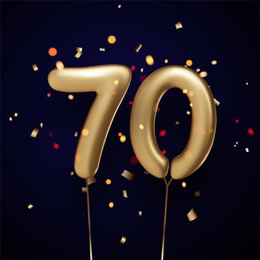 Siyah arka planda iplikleri ve konfetileri olan 70 adet altın balon. Vektör Festivali illüstrasyonu.