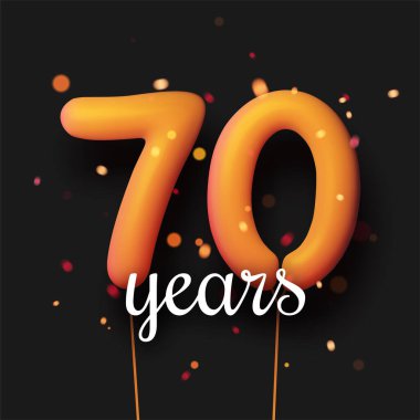 70 yıl boyunca siyah arka planda ışık konfetileri olan turuncu balonlar imzaladı. Vektör Festivali illüstrasyonu.
