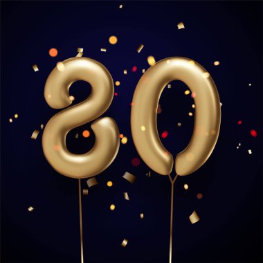 80 altın balon, siyah arka planda iplik ve konfeti. Vektör Festivali illüstrasyonu.