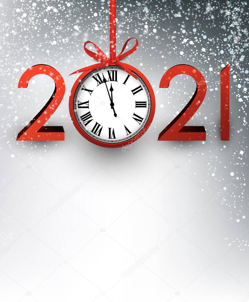 3d red 2021 sign with clock showing three minutes to midnight instead of 0 in 2021. 2021 hanging on red ribbon with bow like christmas tree toy. Grey background with shiny lights. Vector holiday illustration.