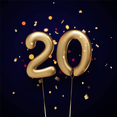 Siyah arka planda iplikleri olan 20 tane altın balon ve konfeti. Vektör Festivali illüstrasyonu.