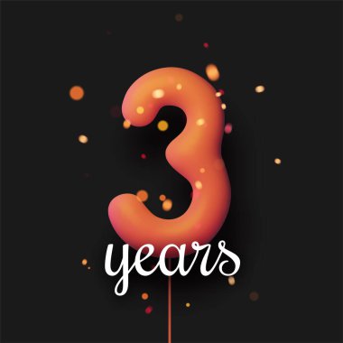 3 yıl boyunca siyah arka planda ışık konfetileri olan turuncu balonlar imzaladım. Vektör Festivali illüstrasyonu.