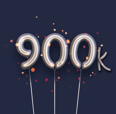Koyu mavi arka planda gümüş balon 900 bin işareti. 900 bin takipçi, beğeni, abone. Vektör illüstrasyonu.