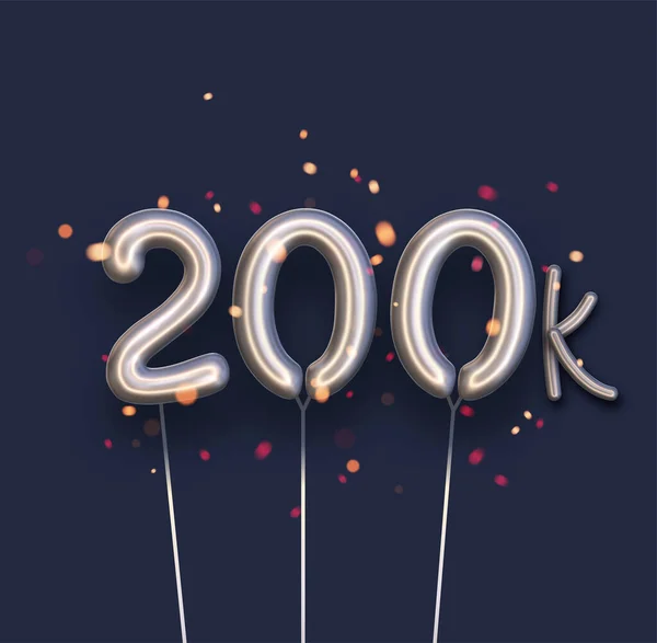 濃い青の背景に銀の風船200Kのサイン 20万人のフォロワー いいね購読者 ベクターイラスト — ストックベクタ