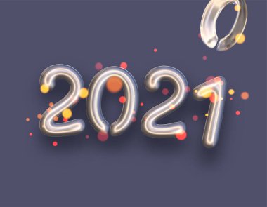 Gümüş folyo 2021 balon işareti. Menekşe arkaplanda sönmüş 0 'ın yerine 1 yazıyor. Vektör tatil illüstrasyonu.