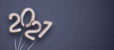 Sol köşesinde iplik olan gümüş 2021 balonları. Mavi arka plan. Mesaj için yer var. Vektör tatil illüstrasyonu.