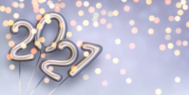 Sol köşesinde iplik olan gümüş 2021 balonları. Çok renkli bokeh arkaplan. Mesaj için yer var. Vektör tatil illüstrasyonu.