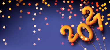 Sağ köşesinde iplik olan sarı 2021 balonları. Parlak renkli bir arka plan. Mesaj için yer var. Vektör tatil illüstrasyonu.