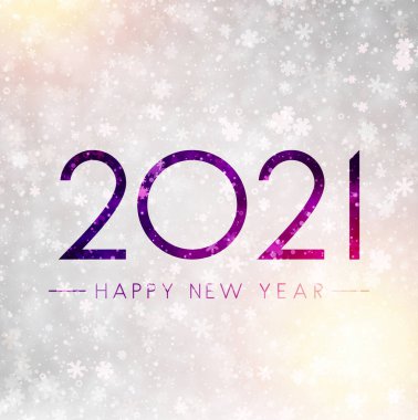 2021 'de sisli cam üzerine çizilmiş. Yeni yılın kutlu olsun. Çok renkli ışıkları ve kar taneleri olan parlak bir arka plan. Vektör tatil illüstrasyonu.