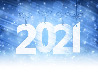 Kurdelelerde asılı 2021 kağıt levhası. Mavi fırça darbeleri arka planda kar gibi parlak ışıklar oluşturur. Vektör tatil illüstrasyonu