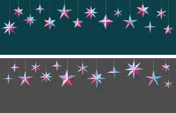 ピンクと青の色合いの金属の星をぶら下げグレーと緑の背景のセット テキスト用のスペース ベクターホリデーイラスト — ストックベクタ