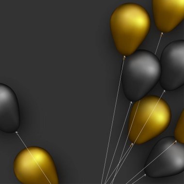 Siyah arka planda iplikleri olan siyah ve altın folyo balonları. Mesaj için yer var. Vektör Festivali illüstrasyonu.