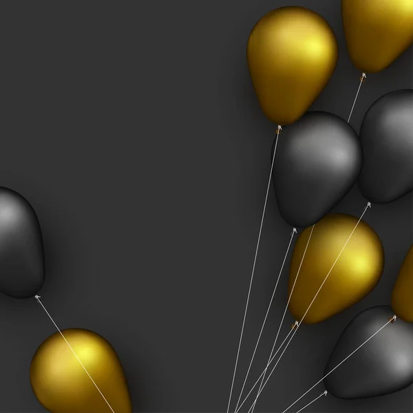 Ballons Papier Aluminium Noir Doré Avec Des Fils Sur Fond — Image vectorielle