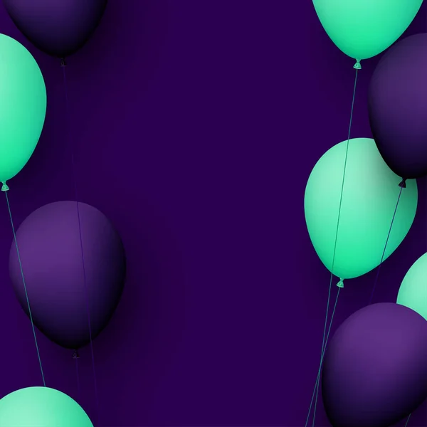 Globos Verdes Violetas Con Hilos Sobre Fondo Violeta Oscuro Espacio — Archivo Imágenes Vectoriales