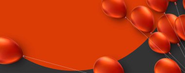 Kırmızı iplikli kırmızı balonlar. Kırmızı yuvarlak arka plan. Mesaj için yer var. Vektör Festivali illüstrasyonu.