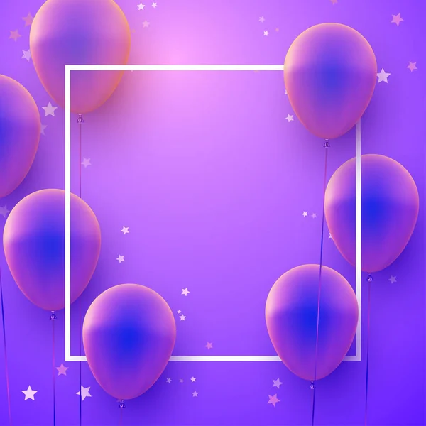 Quadratischer Rahmen Mit Blauen Und Violetten Luftballons Mit Fäden Auf — Stockvektor