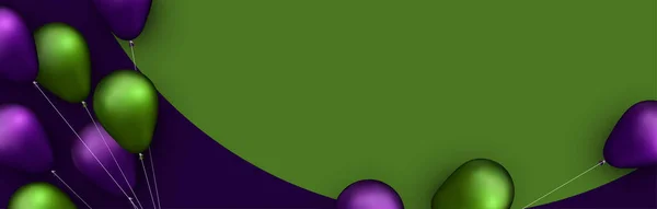 Grüne Und Violette Folienballons Mit Fäden Auf Violettem Hintergrund Mit — Stockvektor