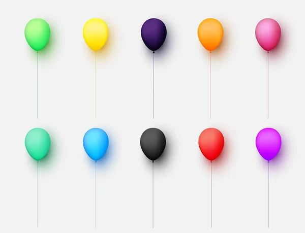 Uppsättning Ballonger Olika Färger Med Trådar Ljusgrå Bakgrund Vektor Festlig — Stock vektor