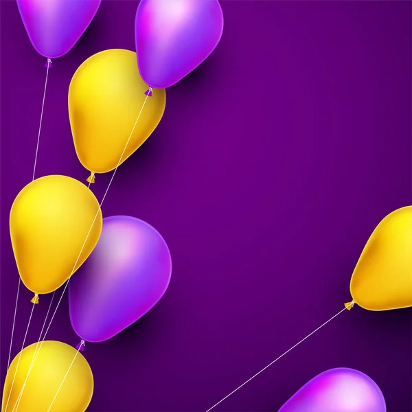 Globos Lámina Violeta Amarilla Con Hilos Sobre Fondo Violeta Espacio — Vector de stock